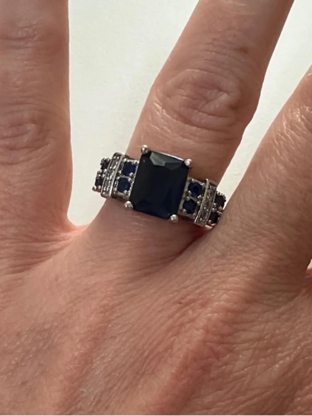 10k White Gold Plated Emerald Cut Faux Sapphire Silver Blue Ring Size 7